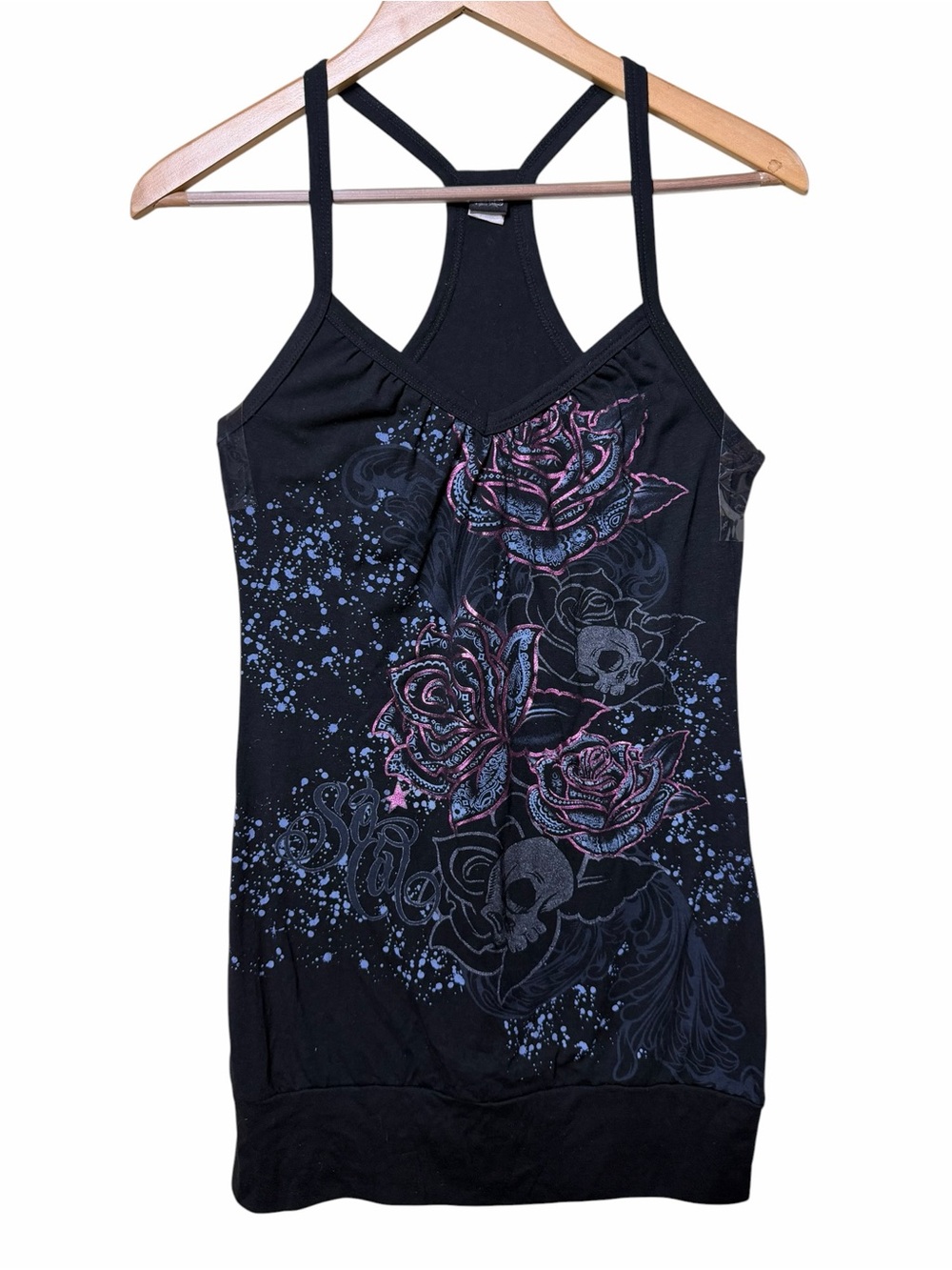 No Fear x SoCal Y2K Skull Rose Graphic Racerback Mini Dress Medium